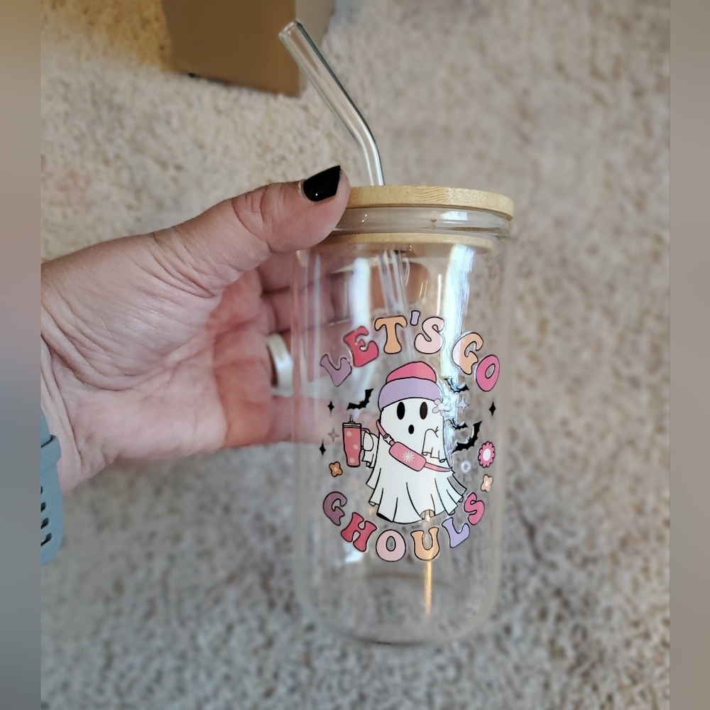 Let's Go Ghouls Halloween Glass Tumbler with Straw Brand New No Tags